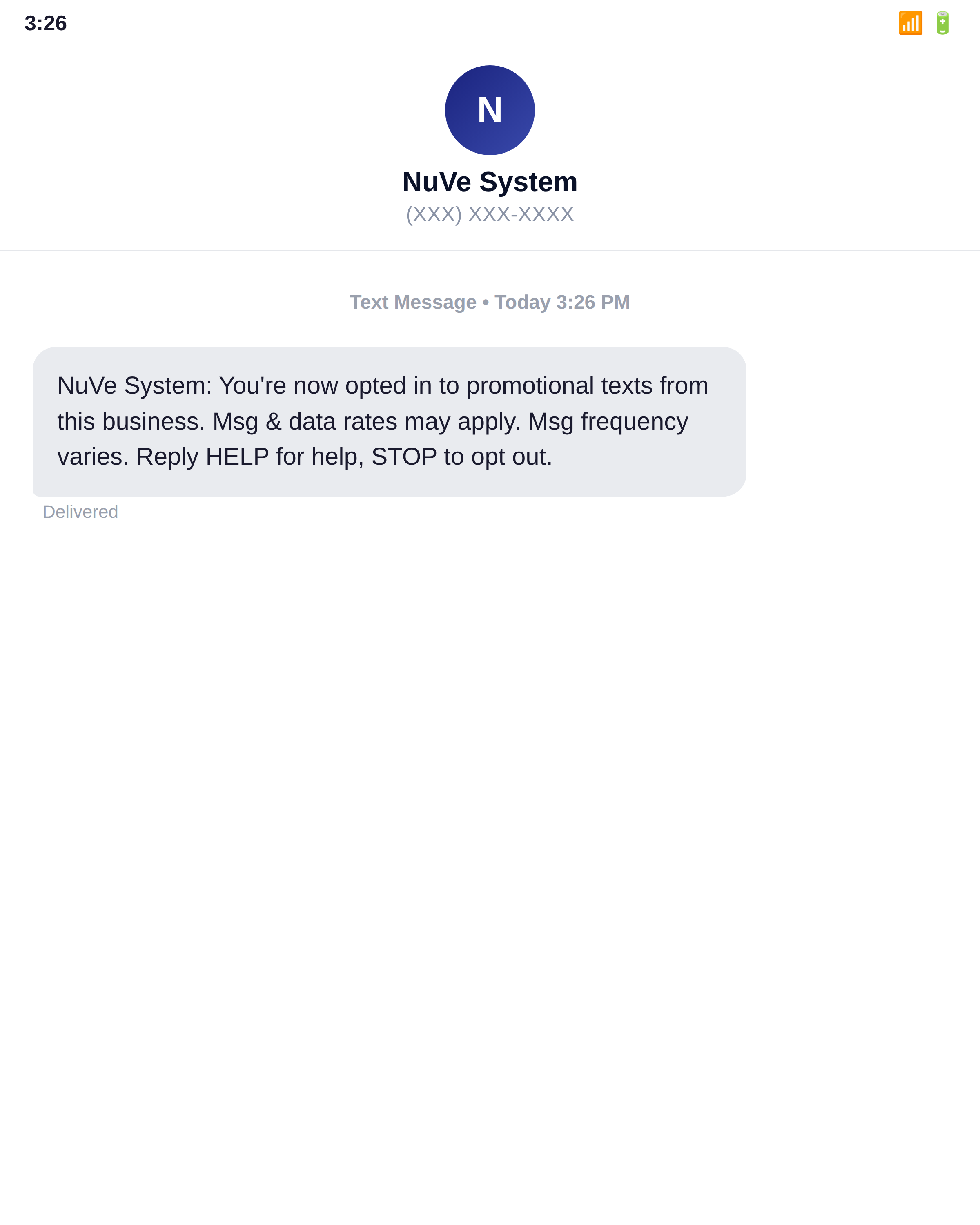 Opt-in confirmation text message received by the customer after opting in to promotional messages from NuVe System